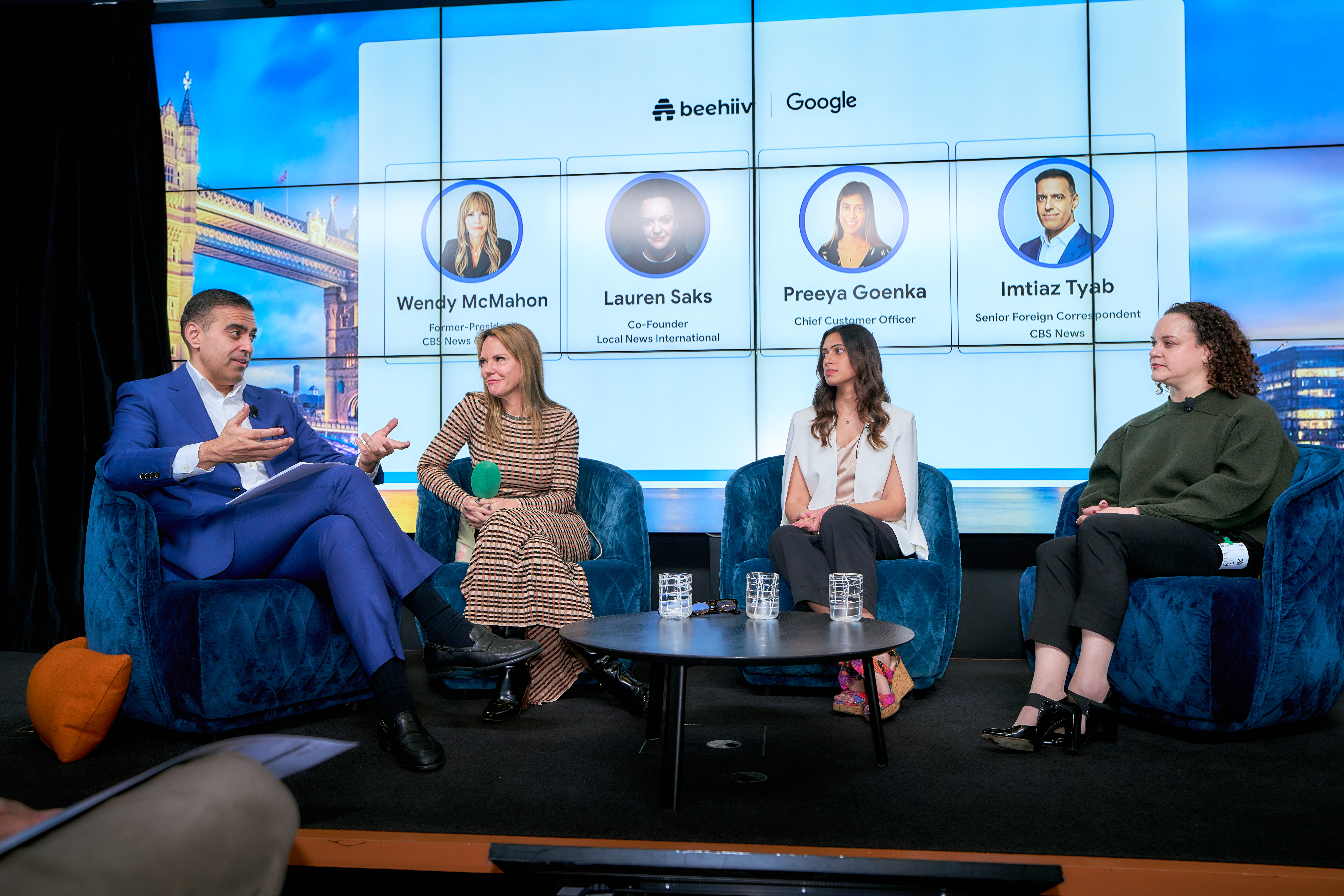 CBS News' Imtiaz Tyab, beehiiv's Wendy McMahon and Preeya Goenka with LNI Media's Lauren Saks at