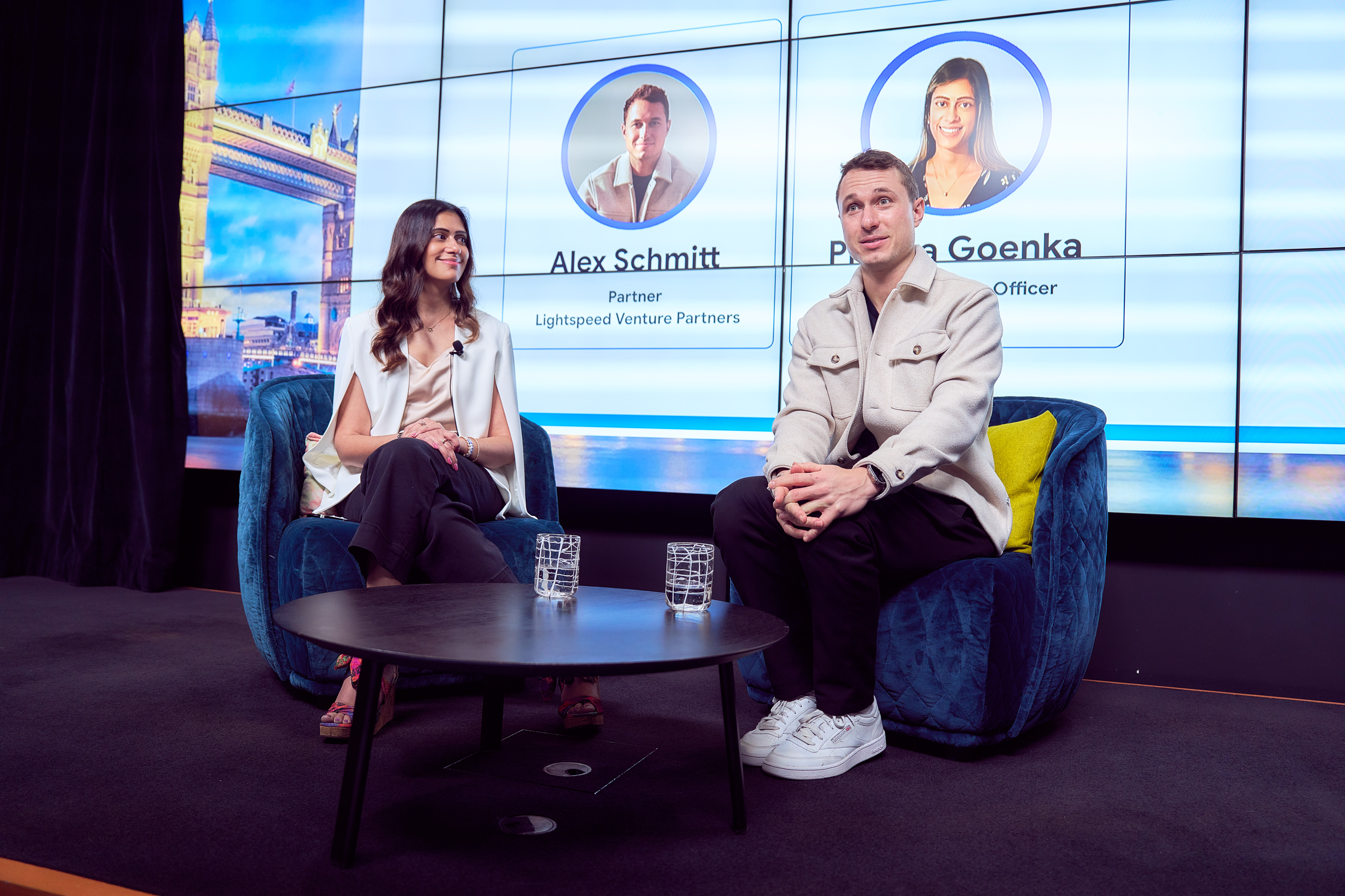 beehiiv's Preeya Goenka with Lightspeed Venture Partners' Alex Schmitt during a fireside chat at the beehiiv x Google half-day conference in London