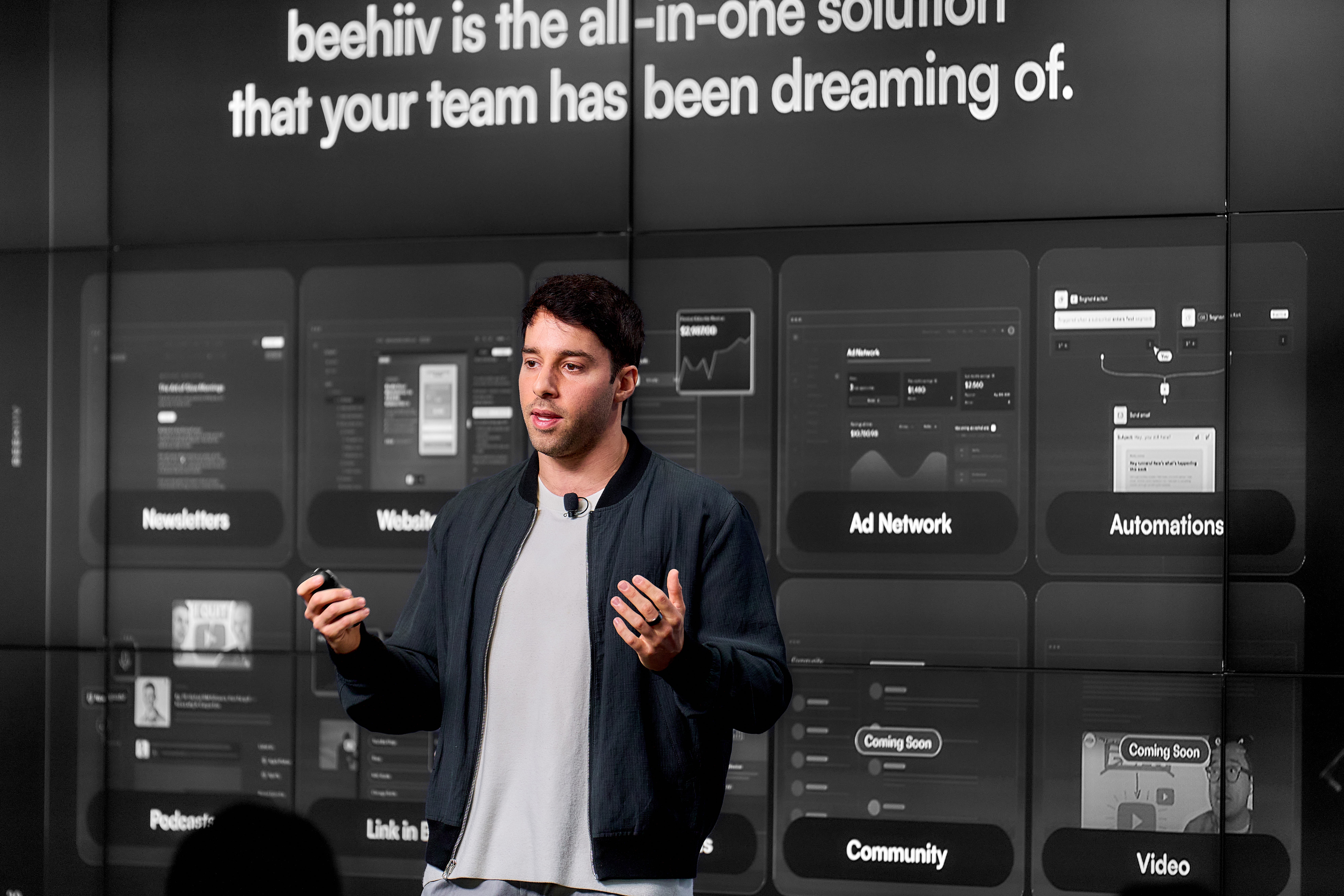 beehiiv co-founder and CEO Tyler Denk presents at A New Era for Media & Journalism half-day conference presented by beehiiv x Google in London